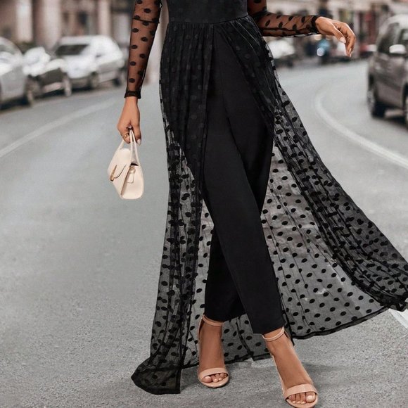 Black Preppy Women's Patchwork Mesh Wide Leg Jumpsuit - Picture 3 of 5